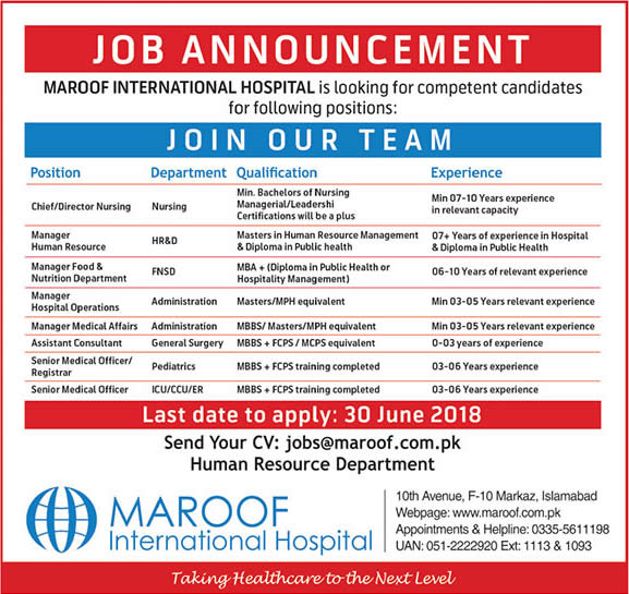Maroof International Hospital Islamabad Jobs May 2018 Specialist